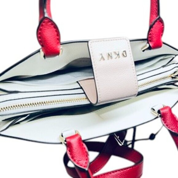 DKNY CLARA LEATHER SATCHEL CROSSBODY BAG RED PINK GOLD TONE COLORBLOCK NWT - Picture 9 of 13